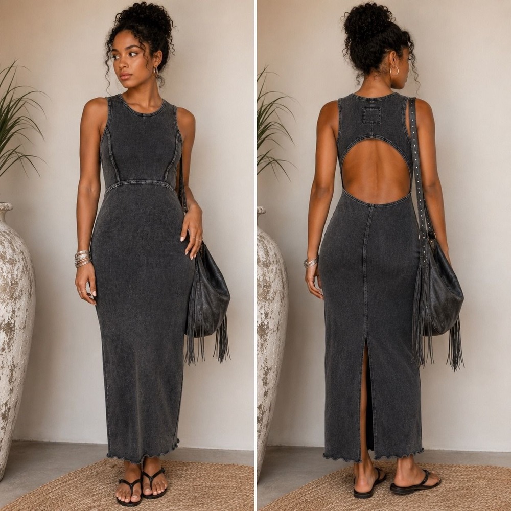 L 38 Acid Wash Open Back Ribbed Maxi Dress | Boho Festival Minimalist Bodycon